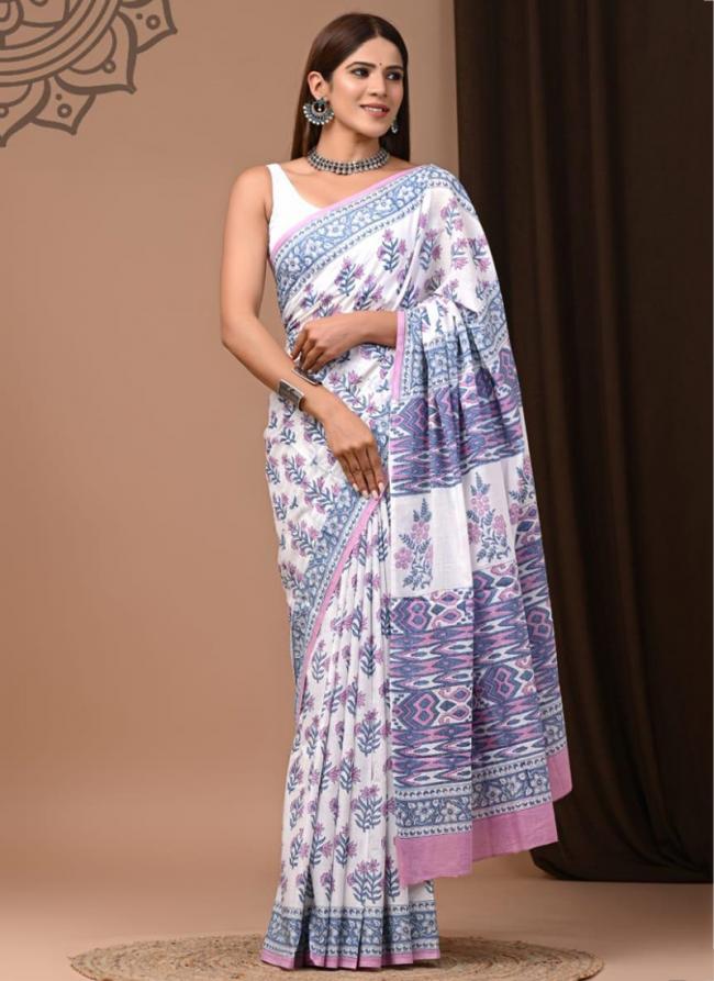 Cotton White Daily Wear Printed Saree